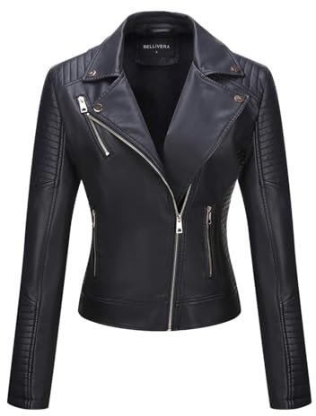 BELLIVERA Donna Giacca in pelle PU con tasche con zip Primavera Autunno Abbigliamento Corto Moto Biker Cappotto 53 Nero XXL
