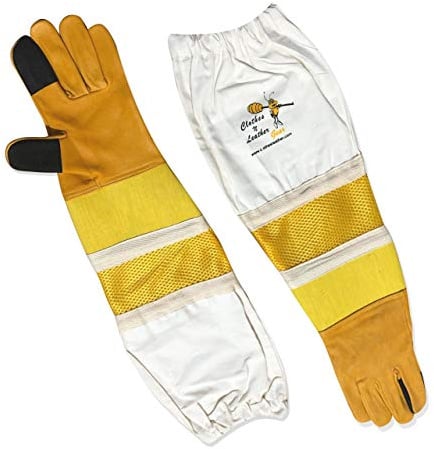 Clothes & Leather Beekeeping Gloves for Adults Semi Ventilated Gloves with Cowhide leather Yellow mesh & Fabric cuff (Touch Screen Cowhide gloves, Extra Large)