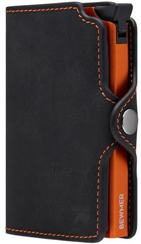 BEWMER Porte-Cartes de crédit 1 écran | Portefeuille Slim pour Homme et Femme | Porte-Cartes et Documents avec Protection RFID et Pince à Billets en Fibre de Carbone, Noir Rouge, Senza Zip