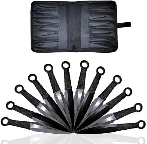 12 Schwarze und Silberne Wurfmesser mit Scheide, Edelstahl-Kunai, Rutschfester Griff & Scheide, japanische Wurfmesser, Zubehör für Anime-Cosplay, Schwarz, Silber