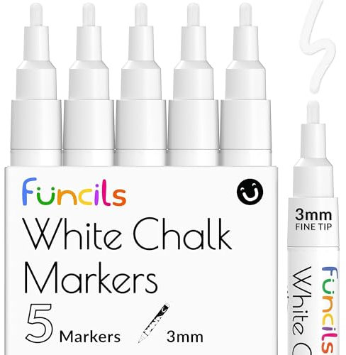 Funcils Weiß Kreidestifte für Tafel Abwaschbar - (5 Stück 3mm) Kreidestift Weiß für Fenster & Tafel - Ideal als Weißer Kreidemarker, Weiss Kreidestifte Dünn, Glasstift Abwaschbar, Tafel Chalk Markers