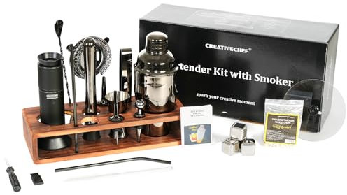 CREATIVECHEF Kit de barman avec fumoir à cocktail, 16 pièces, kit de fumoir à whisky, ensemble de bar avec shaker à cocktail, kit de barman avec accessoires essentiels de bar, copeaux de bois, noir