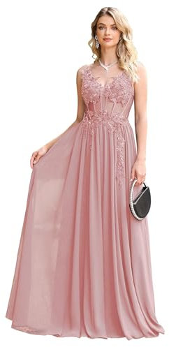 Misshow Luxueux Robe de Soirée Longue Grande Taille Sexy Chic Elégante Robe de Bal Promo en Mousseline Perlée Paillettée Robe Bapteme Femme Rose 44