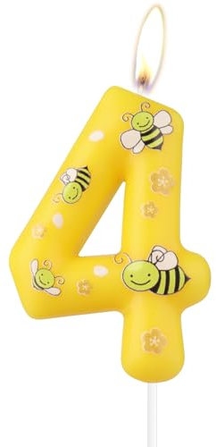mciskin Honeybee 4th Birthday Candles, Bee Cake Decorations,Yellow Number 4 Candle for Cake,Girls Boys 4th Birthday Decorations,Cartoon Bee Candles Cupcake Topper for Honeybee Themed Party Supplies