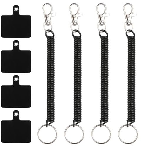 Mozeat Lens Handykette mit flexiblem Spiralkabel, 4 Pack Diebstahlschutz mit Patch Universelles Strap Schlüsselband Schwarz Schlüsselanhänger für Outdoor Wandern Klettern