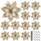 BOFUNX 12Pcs Glitter Poinsettia Artificial Flowers 5.7 Christmas Large Flowers with Clips Stems for Christmas Tree Wreath Christmas Party Decoration (Champagne)
