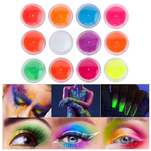 Beteligir Neon-Pigment-Lidschatten-Pulver, UV-Glow Blacklight Mixed Bright True Colors, für Gesicht und Körper Make-up (12 Colors)