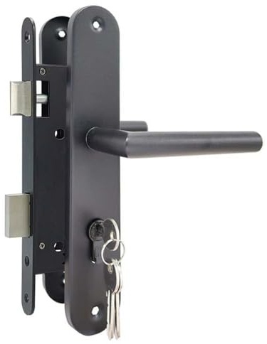Serrure à encastrer portail jardin set noir – entraxe 85 mm axe 45 mm avec poignée inox plaque arrondie cylindre 40/40 avec 3 clés