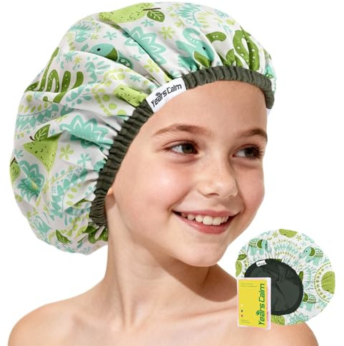 Years calm Gorro de ducha para niños, impermeable, reutilizable, de dibujos animados, con doble capa y banda elástica suave, gorro de ducha lavable para niños y niñas, ideal para el baño diario