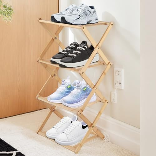 4-Ebenen Bambus Schuhregal platzsparend freistehend für Eingangsbereiche | Schmaler multifunktionaler Schuhständer zur Aufbewahrung von Schuhen im Haus