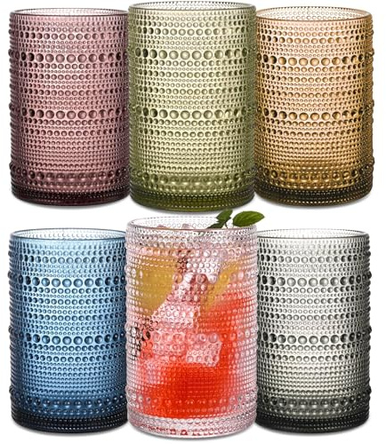 JPPSUJJ Colored Hobnail Drinking Glasses Set of 6, 15 oz Vintage Highball Glasses, Drinkware Kitchen Glasses for Cocktail, Iced Coffee, Beer, Ice Tea, Wine, Whiskey, Water