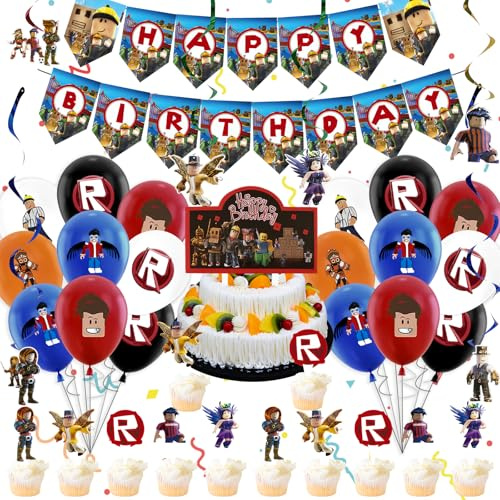 Party Decoration 50PCS Rob-lox Birthday Party Decoration Kids Cartoon Birthday Kit with Latex Balloon Banner Cake Topper Swirls Deco, Boys Girls Rob-lox Party Supplies for Theme Decoration