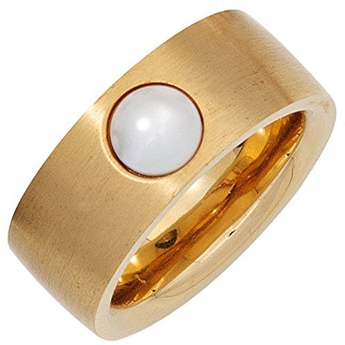 Jobo Damen Ring breit Edelstahl Gold Farben beschichtet 1 Süßwasser Perle Perlenring Größe 52