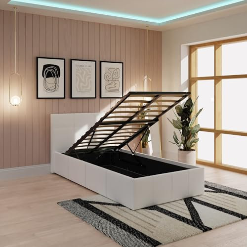 Caspian Ottoman Gas Lift Up Storage Bed - Black, White, Brown, Taupe, Pink - 3ft Single, 4ft Small Double, 4ft6 Double, 5ft Kingsize (White, 3ft Single) by Right Deals UK