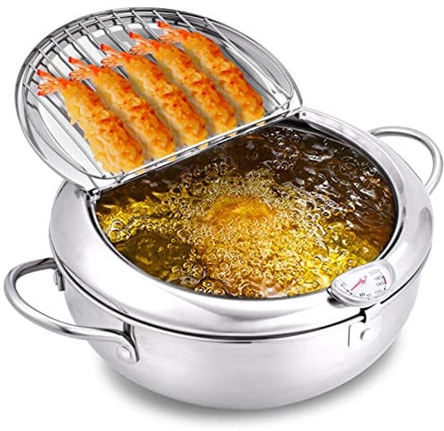 cuomaop Deep Fryer Pot, 304 Stainless Steel Japanese Frying Pot with Oil Drain, Temperature Control and Lid, Tempura Deep Fryer Pot for Kitchen Stove/Induction Cooker French Fries Fryer Chicken 9.4