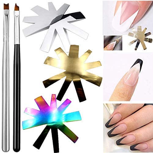 3 Pieces Almond Shape French Smile Cut V Line Cutter Tools Stainless Steel Nail Manicure Edge Trimmer Templates with 2 Pieces Nail French Tip Brushes for DIY Acrylic Nail Art (SET2)