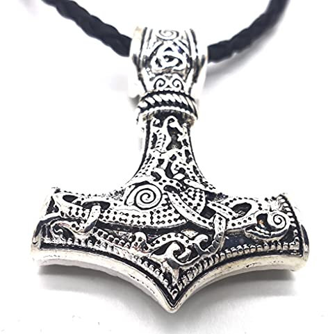 AB Viking Crafts Vikings Wikinger Anhänger Mjölnir Thors Hammer Metall silberfarben mit Lederhalsband im Schmuckbeutel