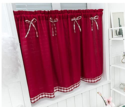 A.Monamour Rideau de Cuisine Court pour Petit Fenêtre - Tissu Vin Rouge Opaque avec Nœuds - Brise-bise à Disques Panneaux Cantonnières Demi-Rideau Passe-Tringle pour Bistro Café