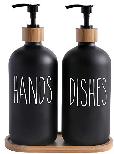 MOMEEMO Glas Seifenspender Set, Enthält Glas Handseifenspender und Glas Dish Seifenspender Matt Schwarz Seifenspender Geeignet für die Küche Seifenspender Rustikale Küche Dekor (Schwarz)