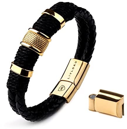 LIVLOKO Mens Bracelet Leather Black Multi-Layer Bracelet for Men Magnetic Clasp Rope Wristband Mens Gift for Boyfriend (Medium to Large 20-22cm, L. Leather Black Gold Bangle)