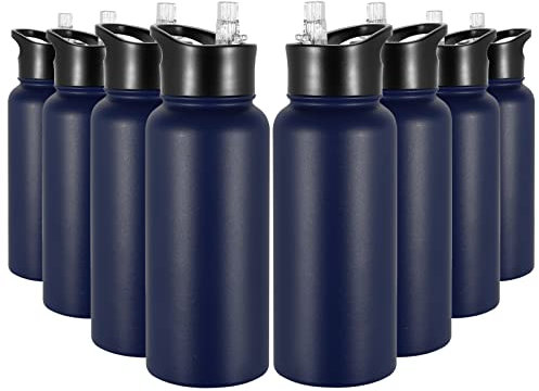 VQRRCKI 32 oz Stainless Steel Insulated Bulk Water Bottles with 2 Lids, BPA Free Reusable Metal Sports Water Bottles Set for Gym Travel Running Hiking Women Men, Navy Blue 8 Pack