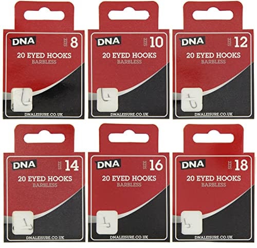 120 x Barbless Eyed Match Hooks 20 x Sizes 8 10 12 14 16 18 Coarse Fishing Tackle DNA