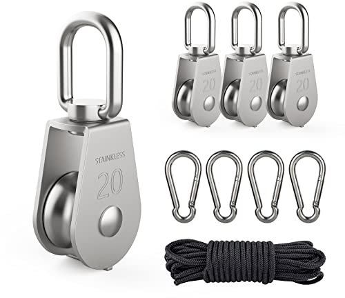 DBREAKS Umlenkrollen aus Edelstahl, Seilblock mit 20 mm Rolle, 4 Stück Riemenscheibe Roller + Nylonseil + Karabiner, Riemenscheibe Roller für Seile Stahlseil