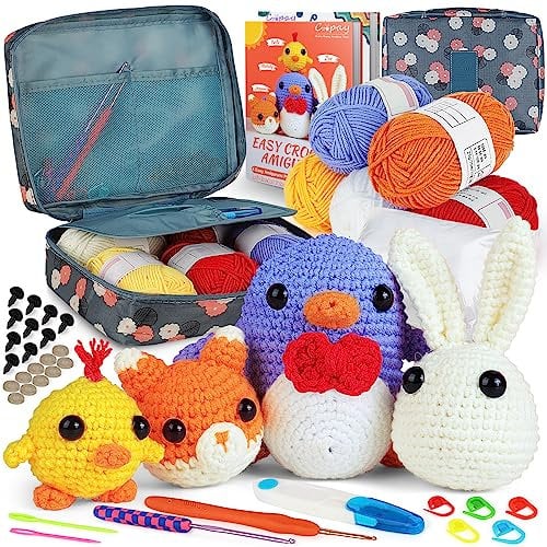 Coopay Häkelset für Anfänger, Komplettes Häkelset mit 4 Verschiedene Tier-Häkelanleitungen (Pinguin/Kaninchen/Küken/Fuchs), DIY Häkel Set mit Häkeltasche und Anleitung, Häkeln für Anfänger