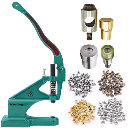 Trimming Shop Green Machine Hand Press Kit with 400 Sets of 8mm Tubular Rivets, Rivet Fixing Dies & Hole Cutter Dies for Leather Crafting, Handbags, Belts & DIY Projects