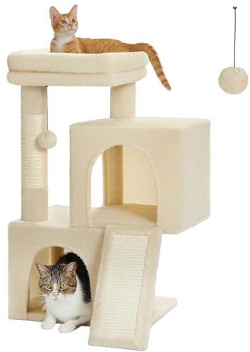 PETEPELA Rascador con doble condo para gatos de casa, casa todo en uno con barra acolchada, rampa y postes y bolas intercambiables, color beige