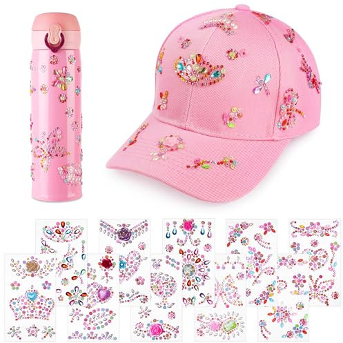 Aomig DIY Baseballkappe, Verstellbar Baseballkappe Kinder Mädchen mit 10 Pcs Glitzersteine Selbstklebend und Edelstahl Thermobecher, Baseball Cap Sonnenhut Geschenke für 4 5 6 7 8 9 10 11 Jahre(Rosa)