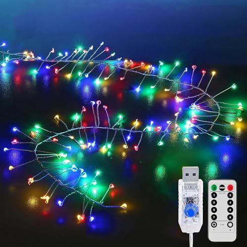 KINGCOO Feuerwerk Lichterkette Außen Innen, 6M 200LED USB Kupferdraht Cluster Lichter 8Modi mit Timer Fernbedienung für DIY Schlafzimmer Weihnachten Hochzeit Party Décor (Mehrfarbig)