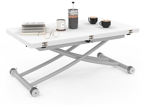 IDMarket - Table Basse Extensible relevable en Table à Manger rectangulaire Urbana Plateau Blanc Pied Chrome