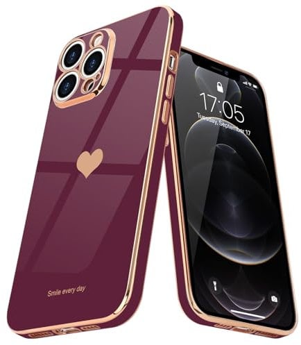 Teageo for iPhone 12 Pro Max Case Cute Heart Pattern for Women Girls Slim Luxury Bling Plating Soft TPU Anti-Scratch Shockproof Bumper Phone Case for iPhone 12 Pro Max, Wine red