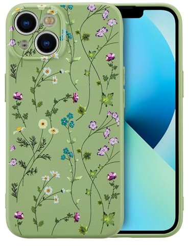 RALEAVO Flower Case for iPhone 13, Liquid Silicone Shockproof Protection Case Cover for Girls Women with Aesthetic Cute Floral Patterns Soft Slim Phone Case for iPhone 13 6.1-Green