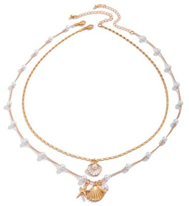 GAUEIOUR Bohemian Puka Shell Necklace,Ocean Style Metal Alloy Starfish Shell Necklace Set, Women's Imitation Pearl Layered Chain Necklace, Summer Beach Holiday Surfer Jewelry (Necklace * 2)