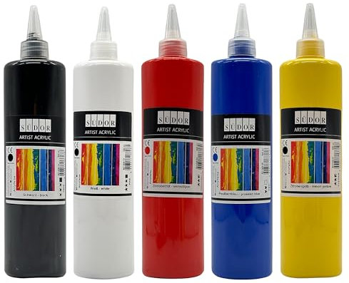 Lot de 5 peintures acryliques de 500 ml chacune - Peinture couvrante pour toile, pouring, papier, bois, pierre, tissu, cuir, métal, céramique - Kit de peinture multi-usages (5 x 500 ml)
