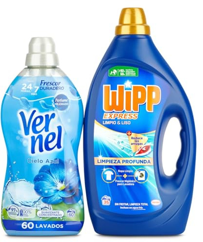 Wipp Express Limpio & Liso 37 lavados+ Suavizante Vernel Cielo Azul 60 lavados