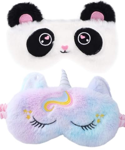 QLEUIFT 2 pcs Niedliches Tier Panda Schlafende Augenabdeckung Plüsch Reise Schlaf Lidschatten Super Weiche Lustige Augenabdeckung für Kinder Mädchen, Panda- und Einhorn-Version
