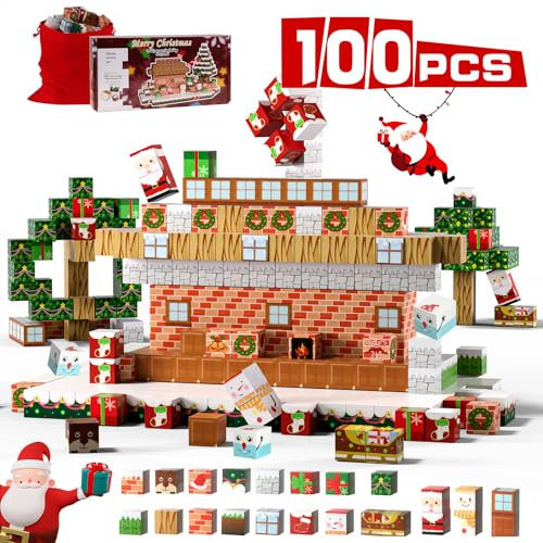 Uuoeebb 100 Stück Magnetische Bausteine - Baue Mine Welt mit Weihnachts-Schnee Magnetische Bauwelt, Magnet Spielzeug für Kinder, Konstruktionsspielzeug im Montessori-Stil für Kinder ab 3 Jahren