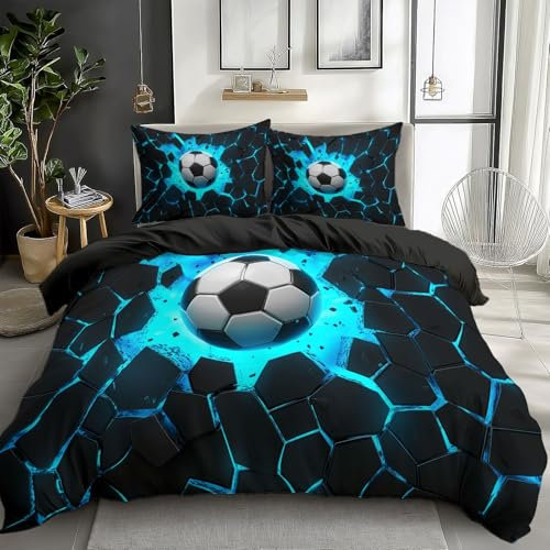 Quixora Bettwäsche Cooler Fußball Der Eine Mauer Durchbricht Muster 135 x 200 cm Wendebettwäsche aus Mikrofaser für Mädchen und Damen, Schwarz, Mit 80x80 cm Kissenbezug und Reißverschluss