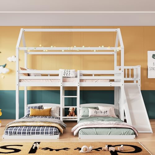 FAYICIC Lettino a castello, letto a castello con scivolo, scaffali aperti, tre versioni, struttura in pino + MDF, bianco, 90 x 200 cm
