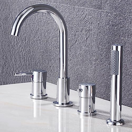 Bath Mixer Tap Set - 4 Hole Deck Mount with Shower, Chrome Bathroom Shower Mixer Tap for Tub
