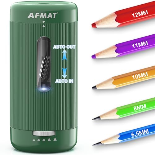 AFMAT Vollautomatischer Elektrischer Anspitzer mit Behälter für Kinder, Aufladbarer USB Klassenzimmer Bleistiftspitzer für Dicke Stifte 6,5-12mm, Batterie und USB für Bildung/Schule/Büro,Grün PSC3