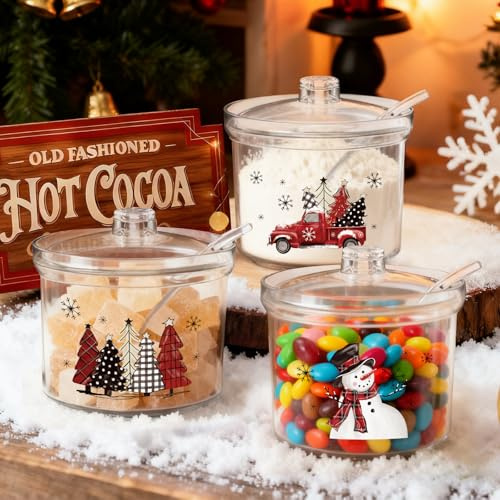 FYSUIMU 3Pcs Christmas Hot Cocoa Jar Clear Glass Sugar Bowl with Lid & Spoon Buffalo Plaid Xmas Tree Truck Snowman 6.8 Oz Storage Container for Home Kitchen Countertop