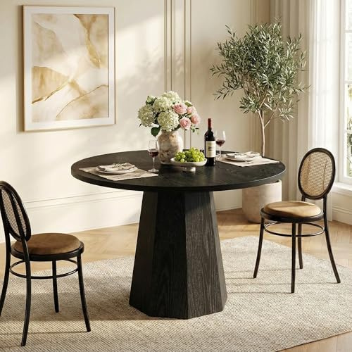 Lailang 118cm Table à Manger Ronde, Table de Cuisine 4 Personnes, Table en Bois Salle à Manger, Table Ronde Pied Central, 118 x 118 x 76 cm, Noir