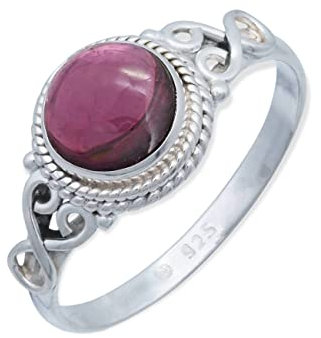 mantraroma Ring Silber Damen Granat runder Stein rot verziert