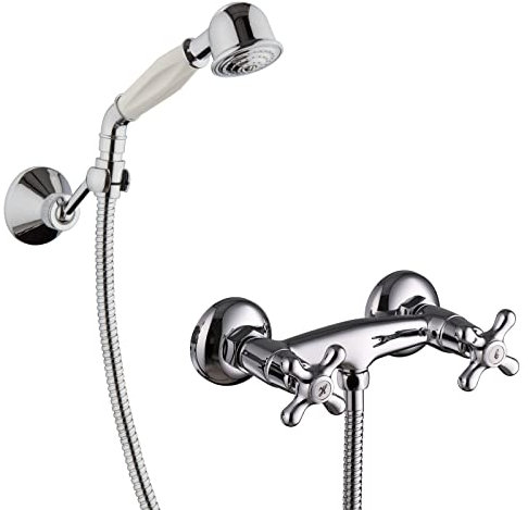 PaulGurkes Duscharmatur Zweigriffmischer Aufputz Retro Nostalgie Handbrause Duschkopf Vintage Halter Brausehalter Duschschlauch Brauseschlauch 150cm 1,5m Konus mit Gummischutz