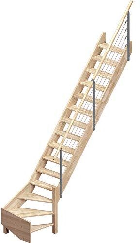 DOLLE Raumspartreppe Brest Höhe bis 320 cm ¼-gewendelt unten rechts, Eiche unbehandelt volle Stufen 70cm inkl. Geländer