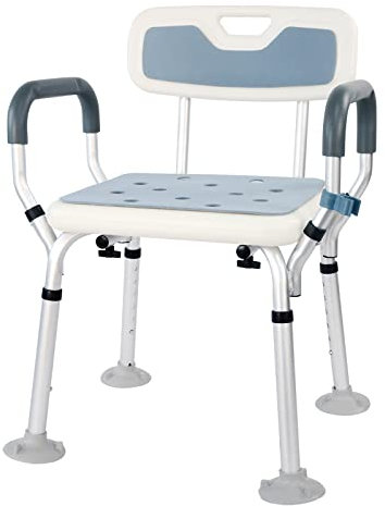 BQKOZFIN Shower Chair with Padded Armrests & Back, 6-Level Height Adjustable Shower Seat Bath Chair, Anti Slip Shower Stool for Seniors, Elderly, Disabled, Injured Persons, Supports Up To 380 lbs